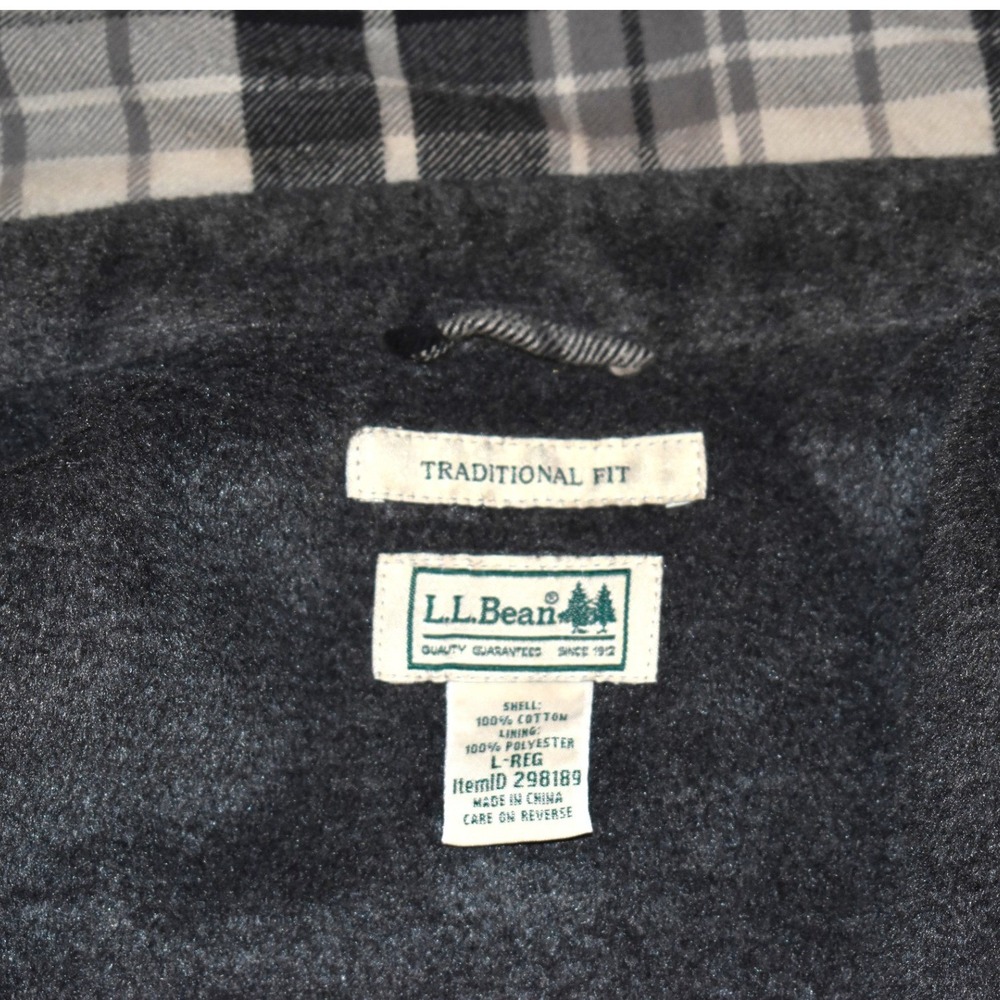 LL Bean Fleece Lined Flannel Shirt Jacket Mens L Gray Black Plaid 298189 - Picture 5 of 5